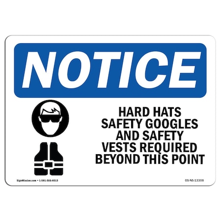 Signmission OSHA Notice Sign, Hard Hats Safety Goggles And With Symbol, 7in X 5in Decal, 7" W, 5" H, Landscape OS-NS-D-57-L-13308
